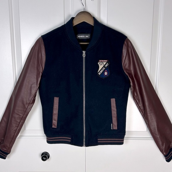 MEMBERS ONLY Varsity Jacket - Navy Blue Wool with Burgundy Leather Sleeves - Picture 2 of 8